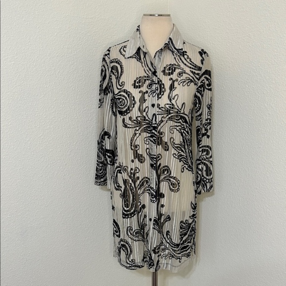 Chico’s Traveler 0 Sheer Black and Cream Shirt Duster Topper Small like 4 / 6